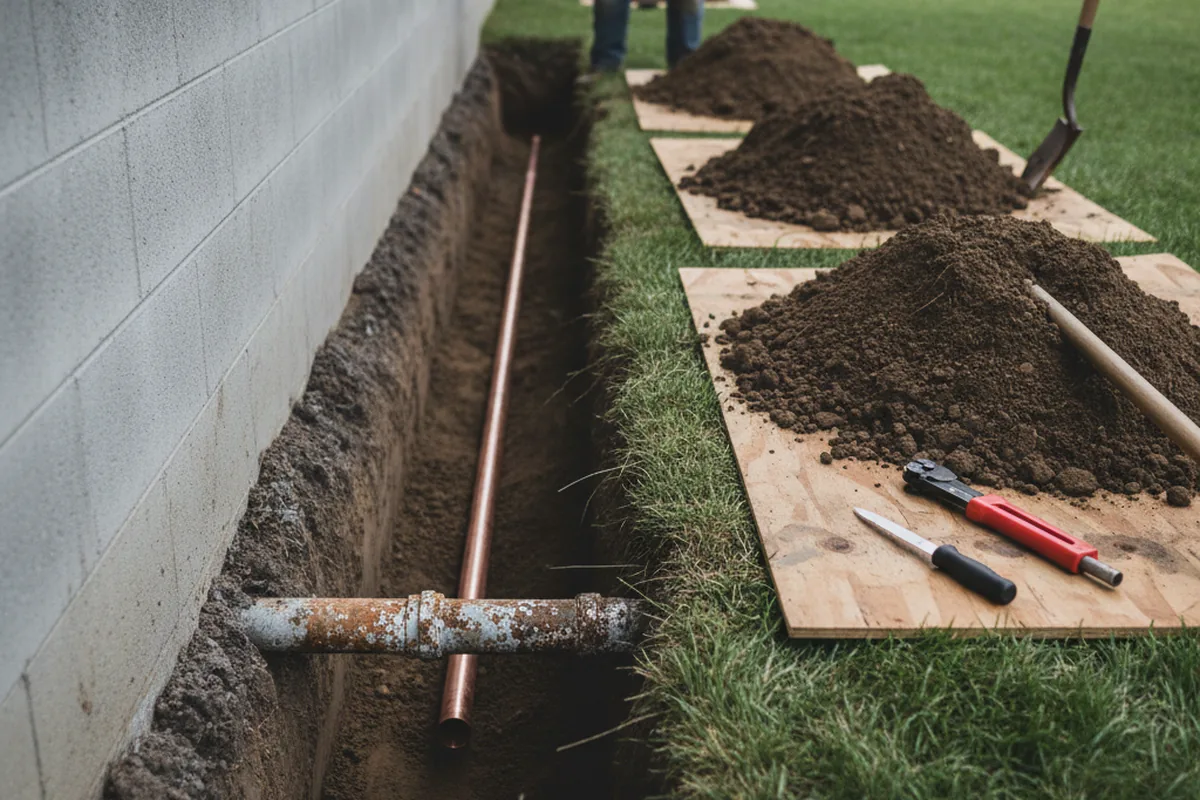 Excavated water line trench during Water Softener Installation in Rio Vista